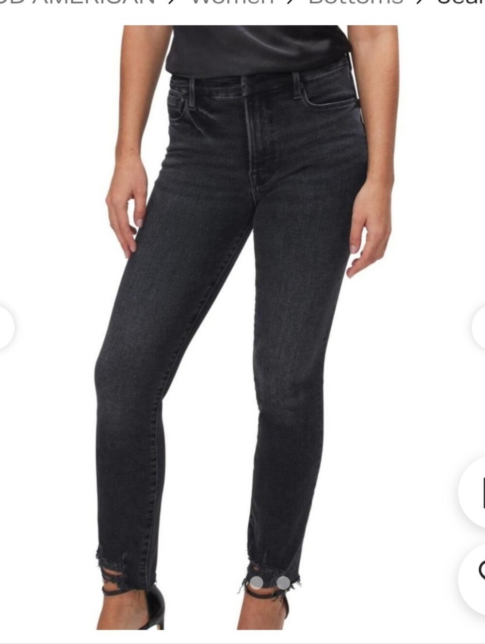 Good American Black Washed High-Rise Skinny Jeans with Distressed Ankle